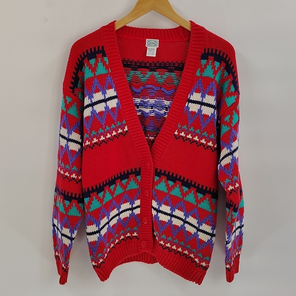 Vintage Gina Peters geometric red multicolor cardigan sweater size medium